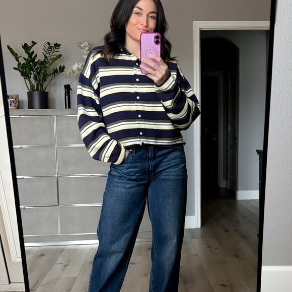 Women’s Navy Stripe Roll Hem Knit Cardigan - Picture 8 of 9